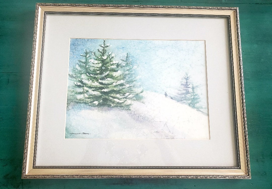 Vintage Artwork, Winter Art, Handpainted Framed Winter Scene Wall Art, snow on the Mountain by