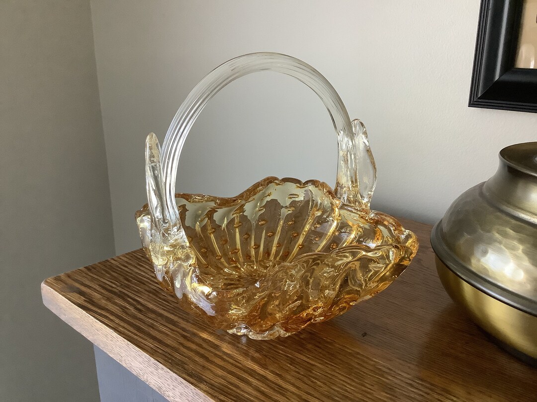 Vintage Amber Glass Basket, Art Glass Basket W/ Clear Glass Handle
