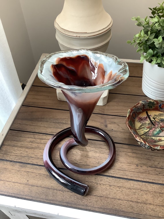 Trumpet Vase, Vintage Hand-blown Art Glass Murano Style Decor