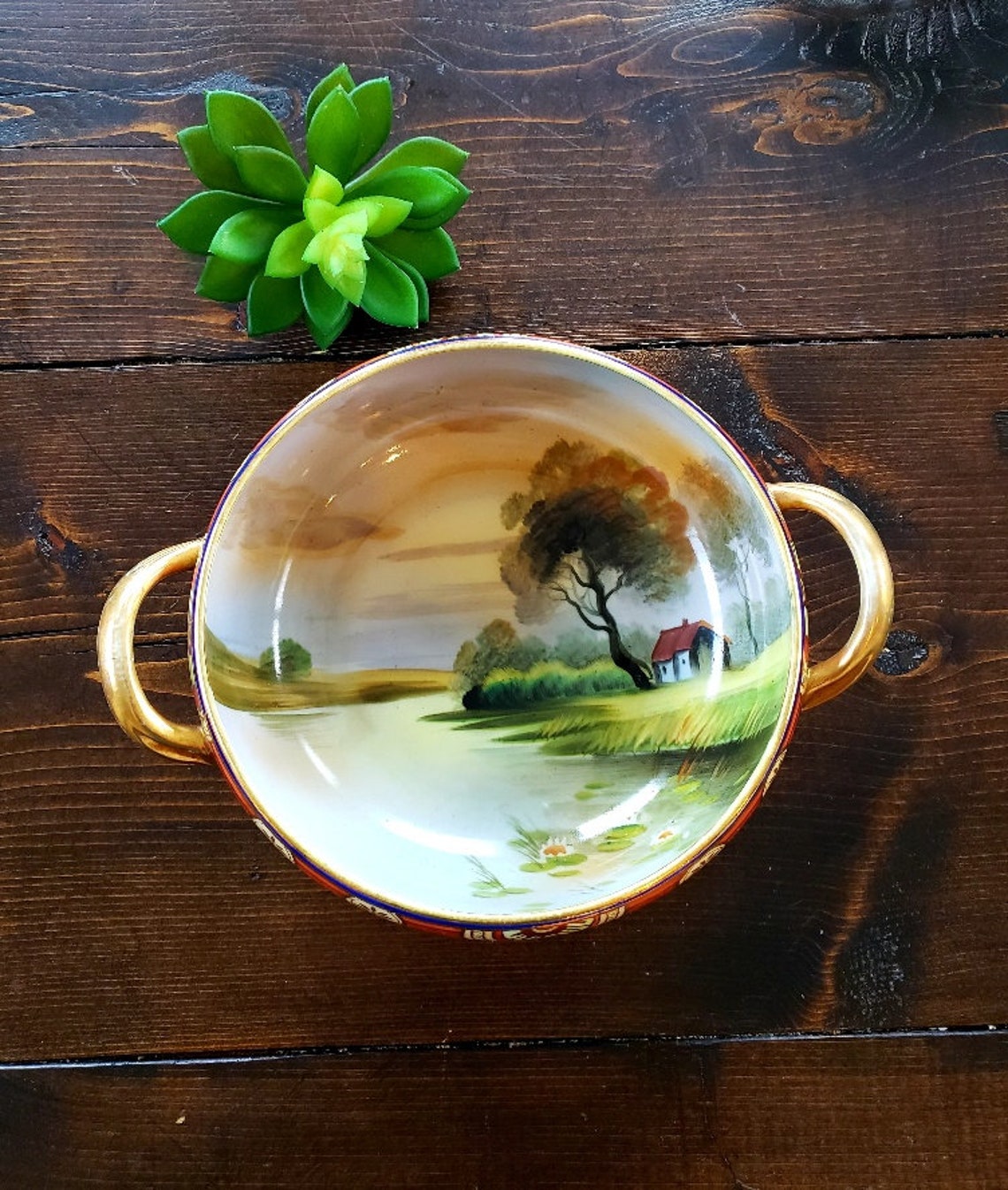 Handpainted Nippon Bowl Antique Nippon Scenic Gold Handled Etsy