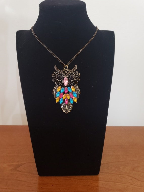 Vintage Owl Necklace, Bronze Jeweled Owl Necklace 