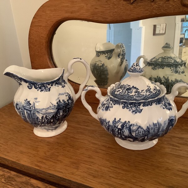 Vintage Blue and White Johnson Brothers Creamer and Lidded  Sugar Bowl, Made in England, Part of the “Coaching Scenes”, Dinnerware Line