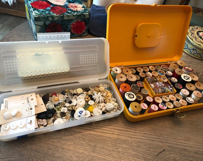 Vintage Sewing Notion Storage Containers Filled With Sewing Notions
