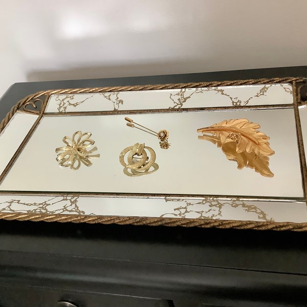 Vintage Vanity Tray or Wall Mirror With Gold Veining, 4 Beautiful Gold Tone Brooches or Pins, Dresser Decor, Vintage Jewelry w Rhinestones