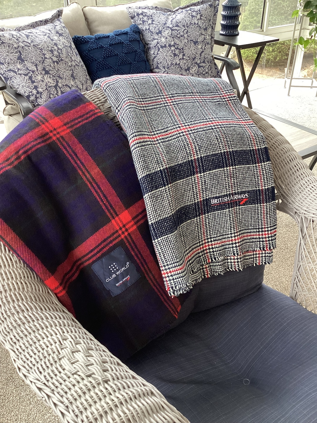 Vintage Pair of Wool Blend British Airways Blankets, Vintage Navy Blue