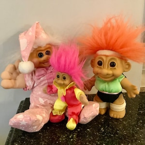 Vintage Trolls, Trio of Collectible Trolls, 1991 Great American Fun Corp, Pink Pajama Doll, Vtg Russ Workout Troll Doll, Baby Clown Jester