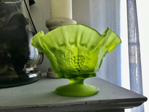 WESTMORELAND Green Satin Glass Candy Bowl, Westmoreland WESTMORELAND Green Satin Glass Candy Bowl, Westmoreland
