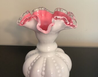 Vintage FENTON Beaded Melon Vase, Pink Encased Overlay, Ruffled