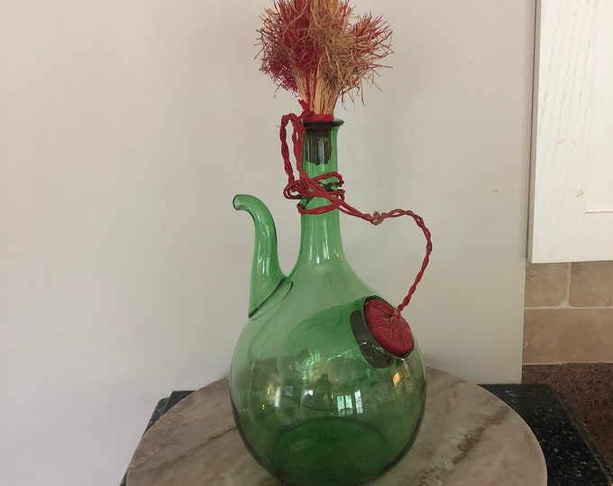 Vintage Italian Wine Glass Decanter, Green Chamber With Straw Stopper, Vintage Barware, Man Cave