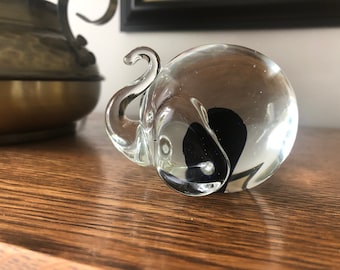 Vintage Hand Blown Glass Elephant - Clear With Dark Navy Inside, Hand Blown Art Glass Elephant Figurine, Elephant Figurines, Glass Decor