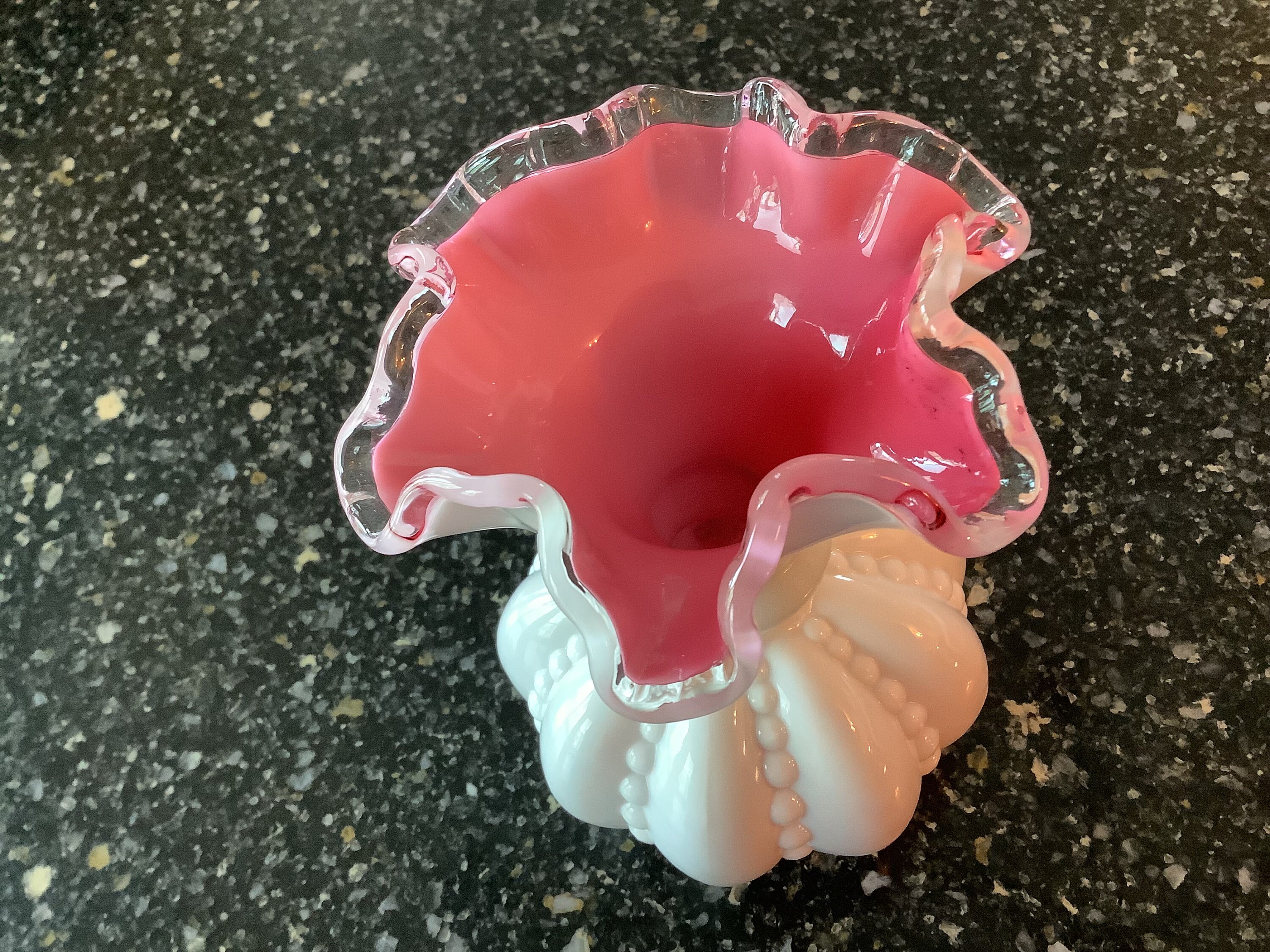 Vintage FENTON Beaded Melon Vase, Pink Encased Overlay, Ruffled