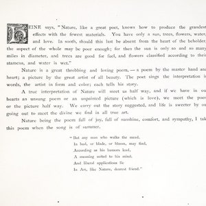 May include: A page from a book with a decorative letter 'E' at the top. The text discusses the beauty of nature and how it can be seen as a poem. The text includes the quote "Nature, like a great poet, knows how to produce the grandest effects with the fewest materials."
