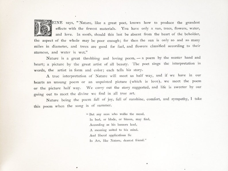 May include: A page from a book with a decorative letter 'E' at the top. The text discusses the beauty of nature and how it can be seen as a poem. The text includes the quote "Nature, like a great poet, knows how to produce the grandest effects with the fewest materials."