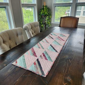 Handmade Quilted Two-Sided Table Runner, Pink Aqua Floral Strip Quilt Runner, Cottagecore Farmhouse Spring Table Decor, Patchwork Runner