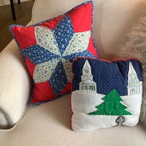 Quilted Christmas Pillows, Quilted Holiday Accent Pillows, Hand Quilted Red White Blue Star Pattern Pillow, Appliqued Christmas Tree Pillow
