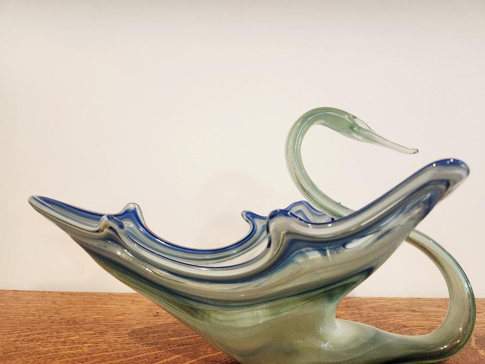 Vintage Sooner Glass Swan Centerpiece, Cobalt Blue Swirl Sooner