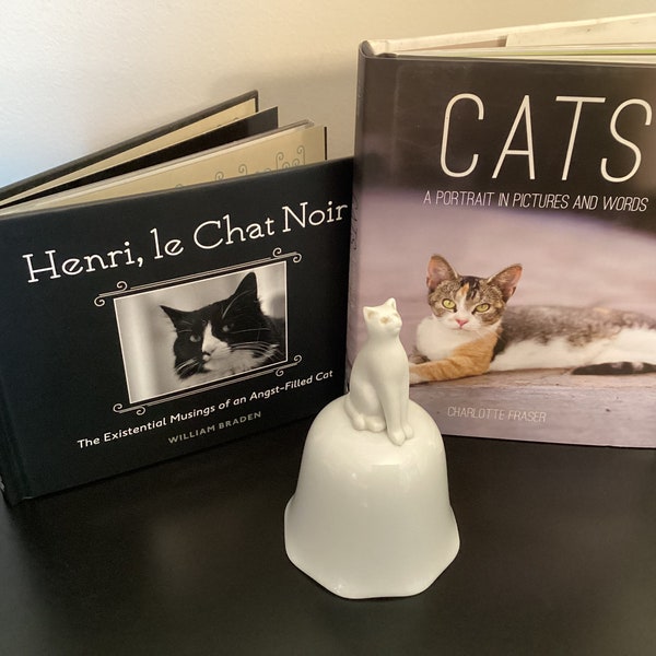 Vintage CAT Bundle, Porcelain CAT Bell by Crowning Touch Collections, 2 Vintage Cat Books, Cats - Fraser, Henri, le Chat Noir- Braden, Gifts