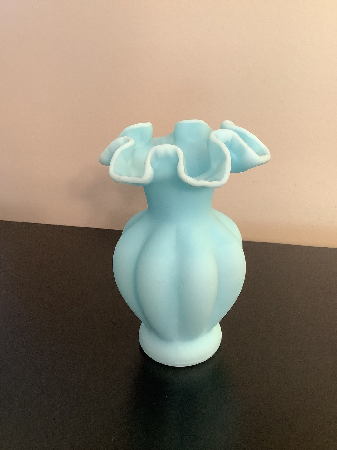 Beautiful FENTON Satin Blue Melon Vase, 1960s Fenton Collectibles, Top