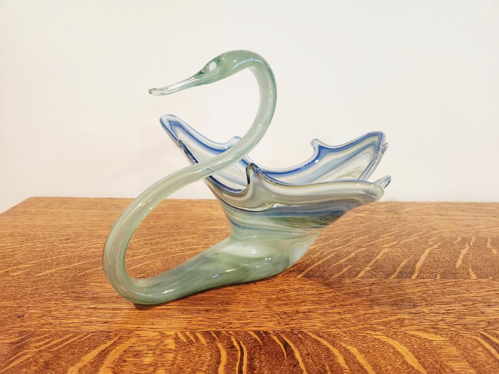 Vintage Sooner Glass Swan Centerpiece, Cobalt Blue Swirl Sooner
