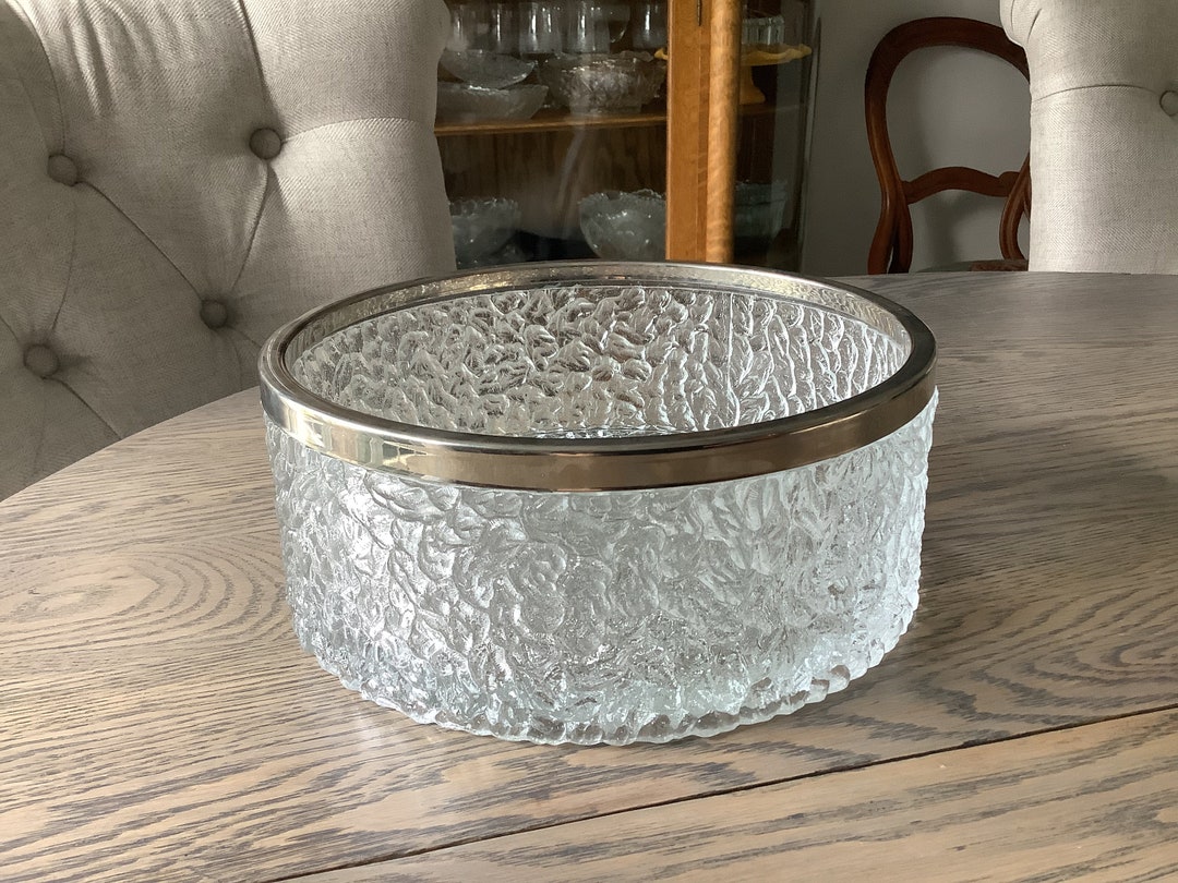 Large Silver Rimmed Glass Bowl, Large Heavy Textured Fruit Bowl, Made ...