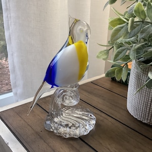 Large Glass Parrot, Hand-Blown Art Glass Bird on Perch, Yellow Blue and White Art Glass Bird, Parrot Bird Figurine, Murano Style w Pedestal