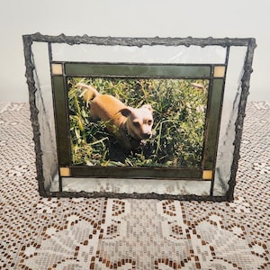 May include: A stained glass photo frame with a picture of a tan dog in tall green grass. The frame has a dark, textured border and a green and cream colored border around the photo.