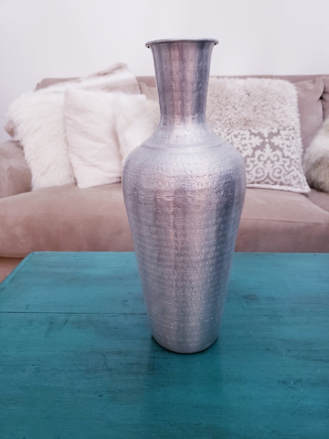 Vintage Silver Hammered Metal Vase Silver Decorative Vase Etsy