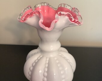 Fenton ローズクレスト メロンシェイプ ヴィンテージフラワーベース 大きめ Vintage Fenton Art Glass Peach Pink White Silver Crest