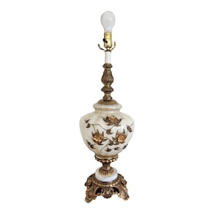 Vintage Lamp, MCM Hollywood Regency Carl Falkenstein Bronze Floral Milk Glass Lamp, Table Lamp, Tall Bulbous Milk Glass Table Lamp, MCM Lamp