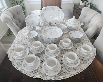 Vintage Johann Haviland Bavaria Germany Dinnerware, Unused Complete Set of 8, Blue Garland Haviland China, Discontinued, Serving Dishes