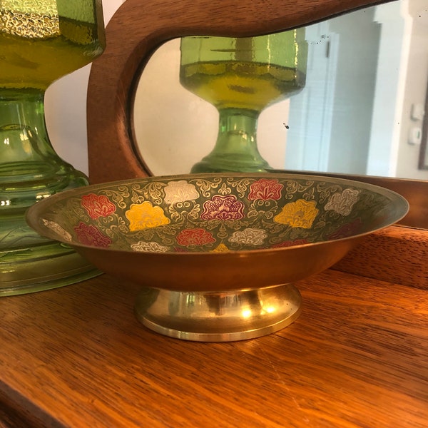 Vintage Enameled Brass Pedestal Bowl, Marking - Made in India Brass Bowl, Vintage Boho Brass Collectible, Green , Red, Yellow and Gold Bowl