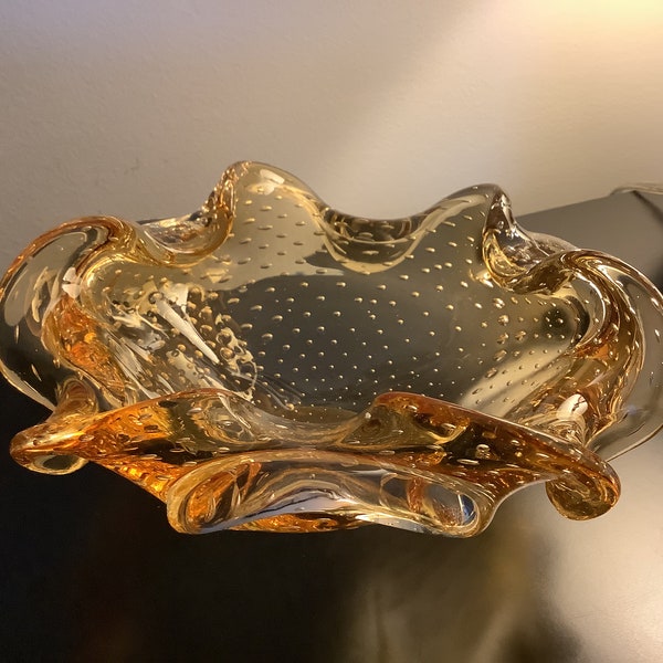 Vintage MURANO Bullicante Controlled Bubble Bowl, Amber Hand Blown Murano Glass Ashtray, Italian Art Glass, Glass Collectibles