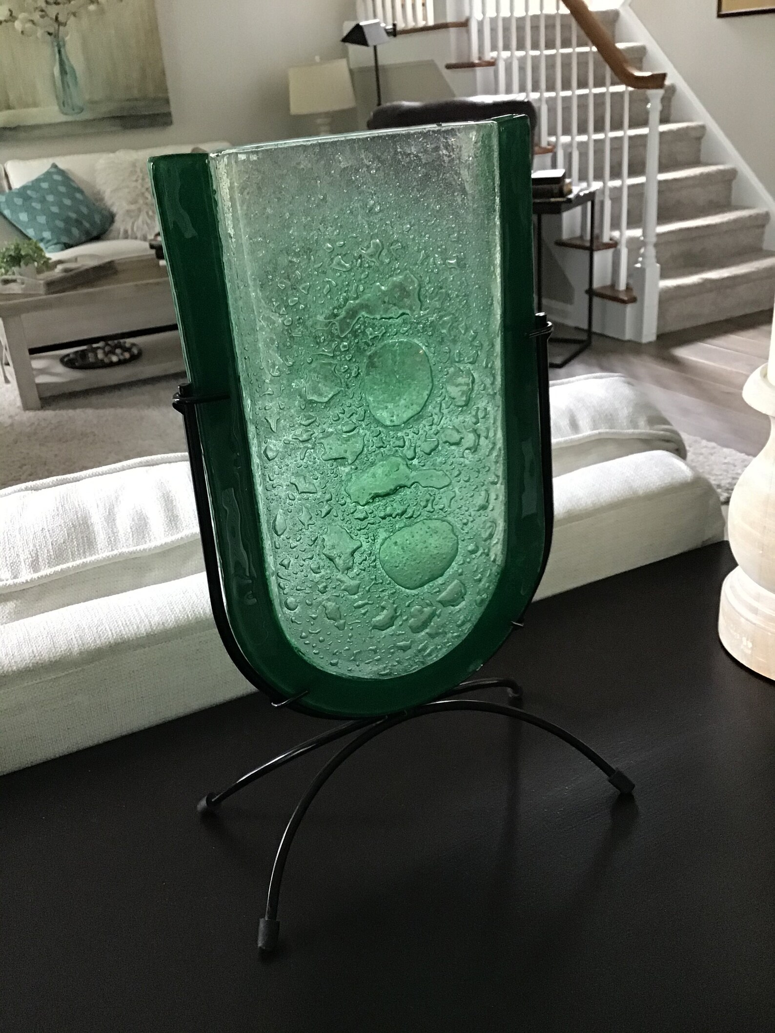 Vintage Green Fused Art Glass Vase in Black Metal Stand Etsy