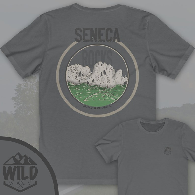 May include: Gray t-shirt with a circular graphic of a mountain range with the text "Seneca Rocks" and coordinates "38.348&deg; N 79.3762&deg; W". The graphic is surrounded by a brown circle. The t-shirt has a small logo on the bottom right corner that says "WILD" with a mountain range and an axe graphic.