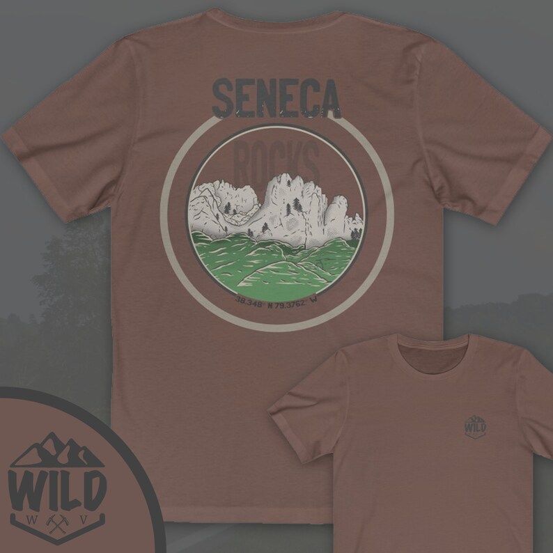 May include: A brown t-shirt with a graphic of a mountain range and the text "Seneca Rocks" in a circle. The t-shirt also has a small logo with the text "WILD" on the front.
