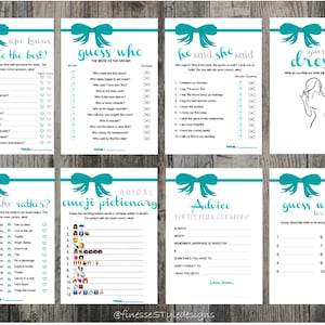 May include: A set of printable bridal shower games with teal blue accents. The games include "Who Knows the Bride Best?", "Guess Who", "He Said She Said", "Guess the Dress", "Would She Rather?", "Emoji Pictionary", "Advice for the Happy Couple", and "Guess Where We Are".