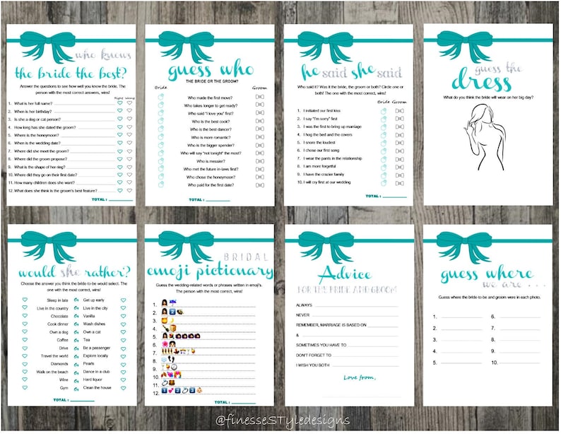 Breakfast at Tiffany's Bridal Shower Games Bundle, Elegant Teal Blue
