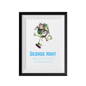 Toy Story Buzz A4 IMPRESIÓN personalizada Cartel de pared Regalo Guardería Bebé Niños Nombre personalizado Dormitorio Signo