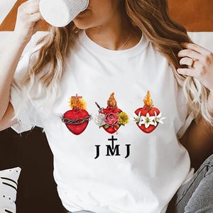 Camiseta de tres corazones, camiseta de Jesús María José, camisa de la Sagrada Familia, Inmaculado Corazón de María, Sagrado Corazón de Jesús, camiseta católica JMJ