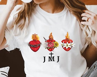 Three Hearts T-Shirt, Jesus Mary Joseph T-Shirt, Holy Family Shirt, Immaculate Heart of Mary, Sacred Heart of Jesus, Catholic T-Shirt JMJ