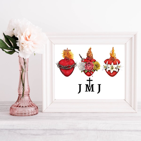 JMJ Printable, Jesus Mary and Joseph Digital Download, Catholic Wall Art, Three Hearts of the Holy Family Art Print, JMJ Wall Decor