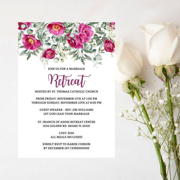 Catholic Marriage Retreat Invitation, Marriage Retreat Invitation, Matrimony Retreat Flyer, Catholic Floral Marriage Invitation, Canva Evite