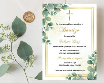 Bautizo Invitación Digital Eucalipto, Sacramento de Bautismo Tarjeta Digital, Baptism Spanish Invitation, Invitación Bautizo Editable Canva