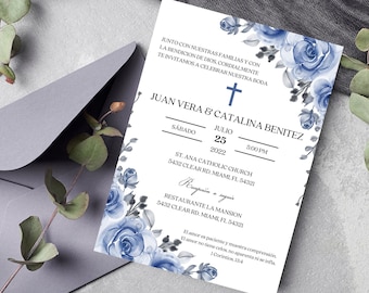 Invitación Boda Floral Azul Editable, Invitación Digital Matrimonio, Boda Católica, Catholic Wedding Spanish Invite, Invitación Digital Boda