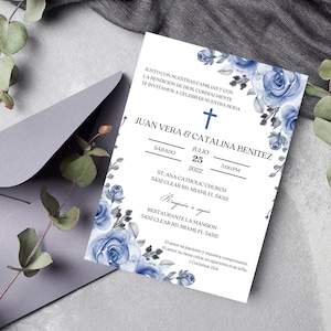 Invitación Boda Floral Azul bewerkbaar, Invitación Digital Matrimonio, Boda Católica, katholieke bruiloft Spaans uitnodigen, Invitación Digital Boda