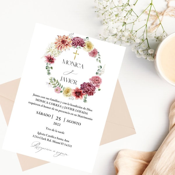 Invitación Boda Floral Editable, Invitación Electrónica Matrimonio, Boda Católica, Catholic Wedding Spanish Invite, Invitación Digital Boda