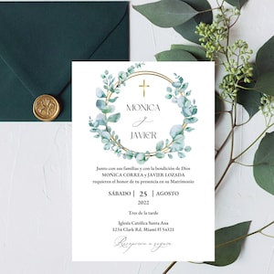 Invitación Boda Eucalipto Editable, Invitación Electrónica Matrimonio, Eucalyptus Catholic Wedding Spanish Invite, Invitación Digital Boda