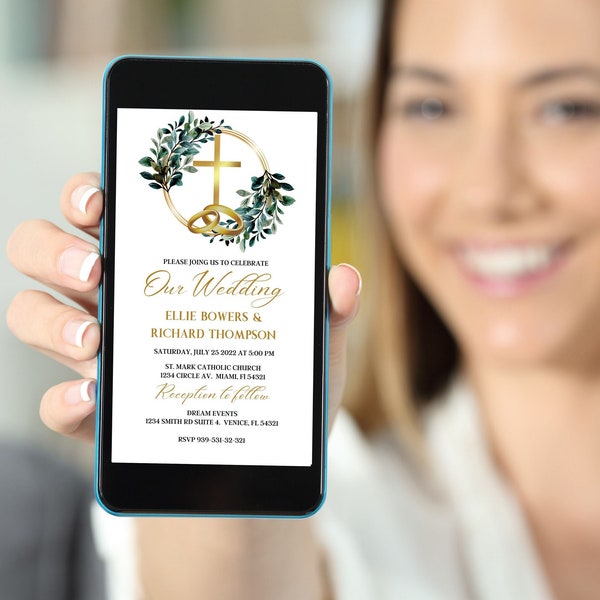 Electronic Wedding Invitation, Greenery Wedding Evite, Catholic Wedding Invitation, Digital Wedding Invitation, Catholic Matrimony Evite