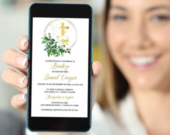 Bautizo Invitación Electronica, Sacramento de Bautismo Tarjeta Digital, Baptism Spanish Invitation, Invitación Bautizo Boho Editable Canva