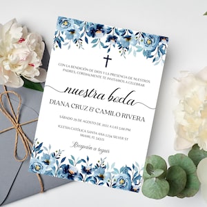 Invitation de mariage floral bleu bleu modifiable, Invitation numérique à mariage, Boda Católica, Faire-part espagnol pour mariage catholique, Invitación Digital Boda